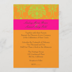 Lime Green Damask/hot pink/orange Invitation