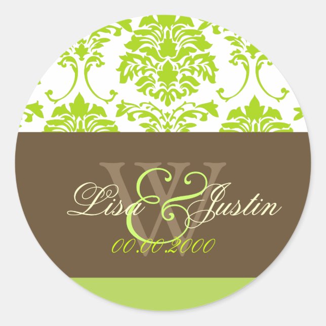Lime green Damask monogram wedding stickers (Front)
