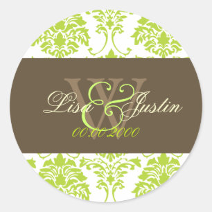 Lime green Damask monogram wedding stickers