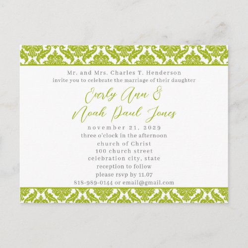Lime Green Damask on White Wedding Invitation