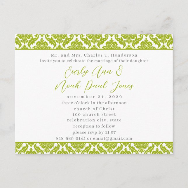 Lime Green Damask on White Wedding Invitation (Front)