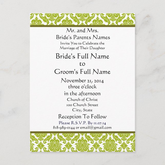 Lime Green Damask on White Wedding Invitation (Front)
