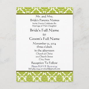 Lime Green Damask on White Wedding Invitation Postcard