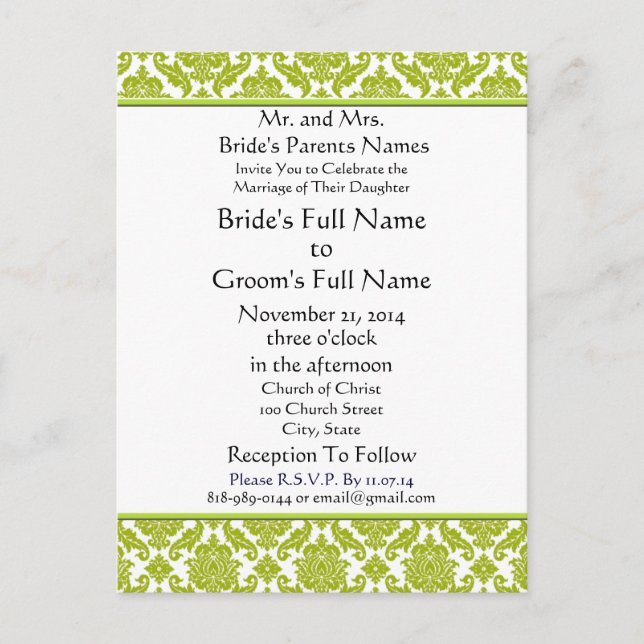 Lime Green Damask on White Wedding Invitation Postcard (Front)