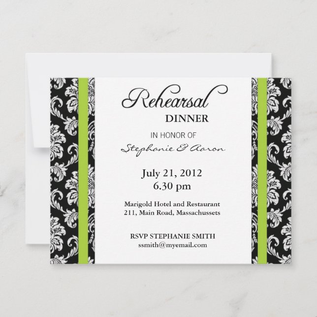Lime Green Damask Rehearsal Dinner Card (Front)