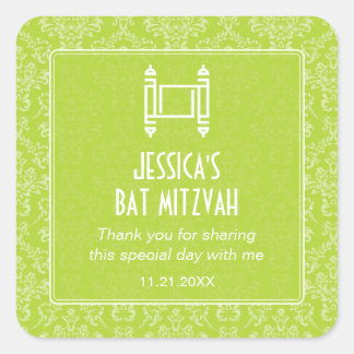 Lime Green Damask Torah Bat Mitzvah Square Sticker