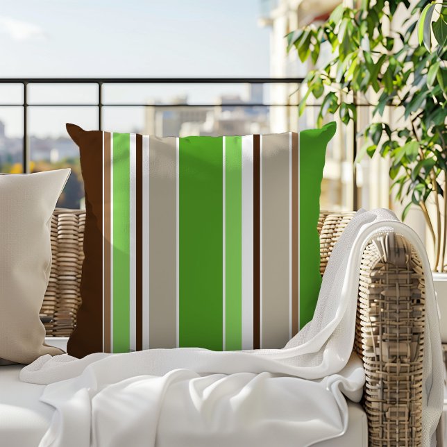 Lime Green Dark Brown Khaki Beige White Stripes Outdoor Pillow (Creator Uploaded)