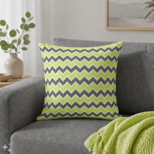 Lime Green & Dark Grey Chevron Pattern Throw Pillow (Creator Uploaded)