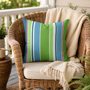 Lime Green Dark Teal Hot Pink White Stripes Outdoor Pillow