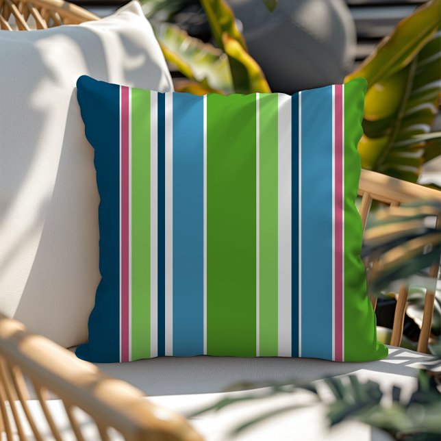 Lime Green Dark Teal Hot Pink White Stripes Outdoor Pillow (Creator Uploaded)