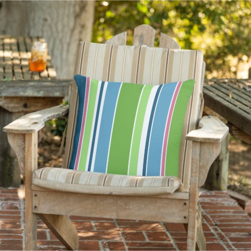 Lime Green Dark Teal Hot Pink White Stripes Outdoor Pillow