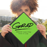 Lime Green | Dashed Grad Graduation Cap Topper<br><div class="desc">Personalized graduation cap topper featuring "Grad" in black hand-lettering with a dashed underline with a lime green background or color of your choice. Personalize the custom graduation cap topper by adding the graduate's name and graduation year.</div>
