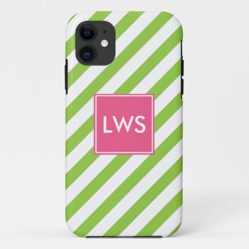 Lime Green Diagonal Stripes Monogram Iphone 11 Case by heartlockedcases at Zazzle