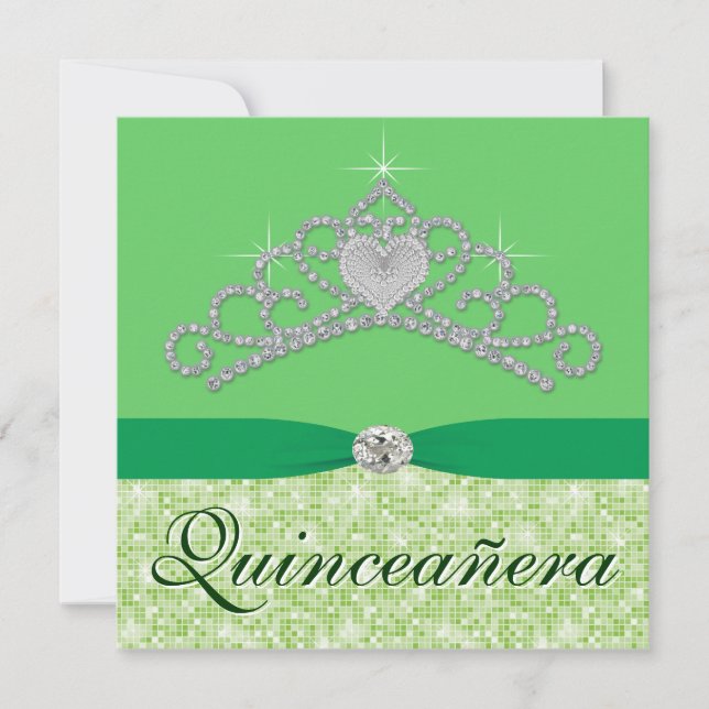 Lime Green Diamond Tiara Green Quincenera Invitation (Front)
