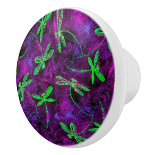 Lime Green Dragonflies on Hot Pink and Purple Ceramic Knob