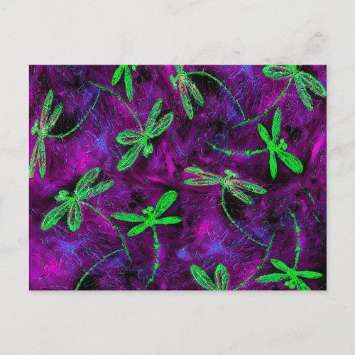 Lime Green Dragonflies on Hot Pink and Purple Postcard
