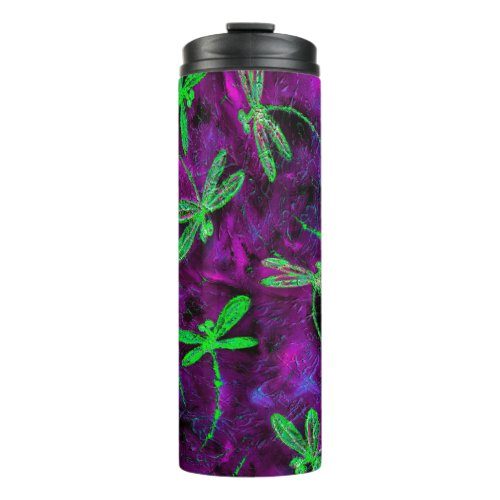 Lime Green Dragonflies on Hot Pink and Purple Thermal Tumbler