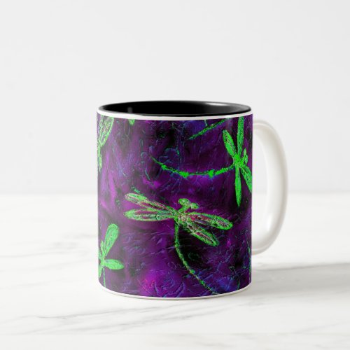 Lime Green Dragonflies on Hot Pink and Purple Two_Tone Coffee Mug