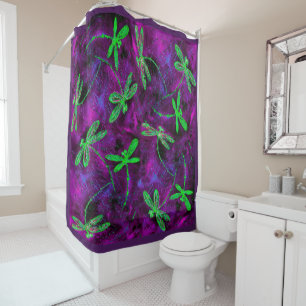 Lime Green Dragonflies on Hot Pink & Purple Shower Curtain