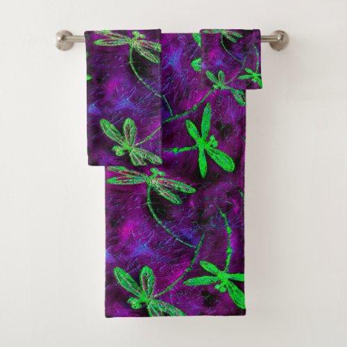 Lime Green Dragonflies on Purple and Pink Bath Towel Set