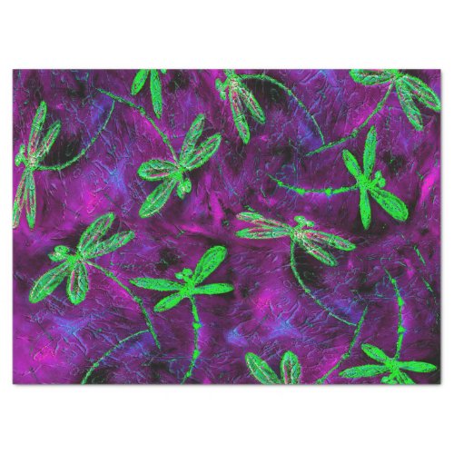 Lime Green Dragonflies on Purple and Pink Tissue Paper