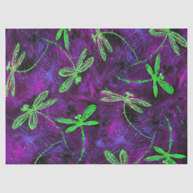 Lime Green Dragonflies on Purple and Pink Tissue Paper (Front)