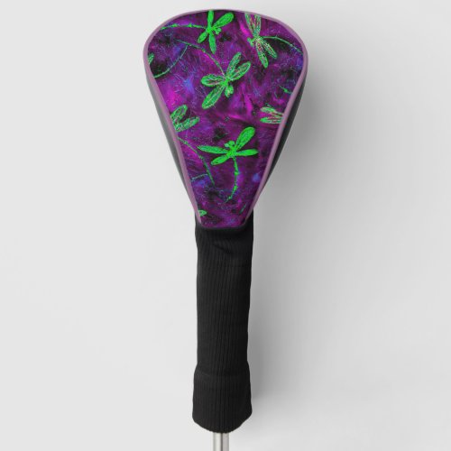 Lime Green Dragonflies on Purple Golf Head Cover