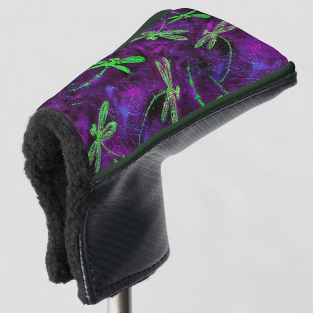 Lime Green Dragonflies on Purple Golf Head Cover (3/4 Front)