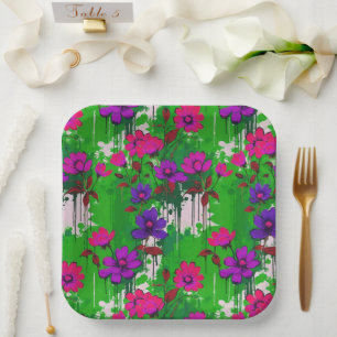 Lime Green Dripping Paint & Pink & Purple Flowers Paper Plates