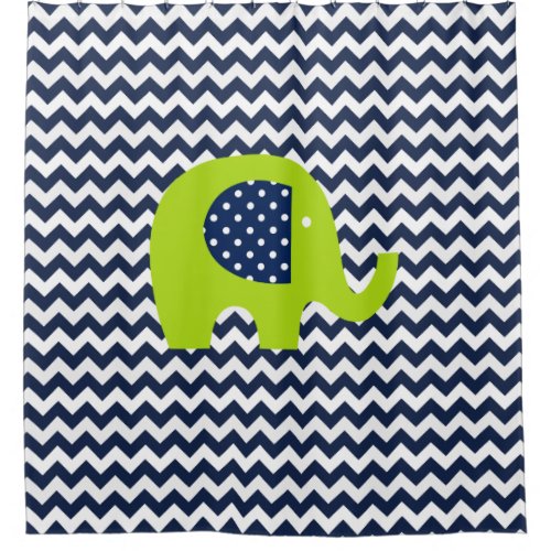 Lime Green Elephant on Navy and White Chevron Shower Curtain