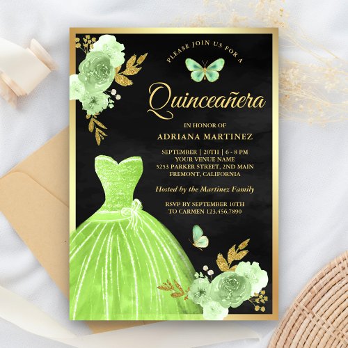 Lime Green Floral Butterfly Black Gold Quinceanera Invitation