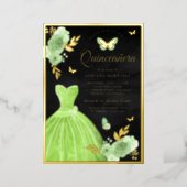 Lime Green Floral Butterfly Black Quinceanera Gold Foil Invitation (Standing Front)