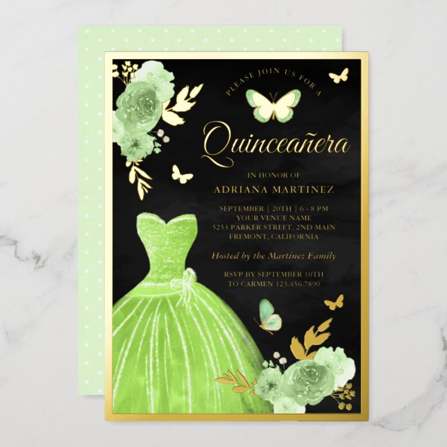 Lime Green Floral Butterfly Black Quinceanera Gold Foil Invitation (Front/Back)