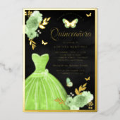 Lime Green Floral Butterfly Black Quinceanera Gold Foil Invitation (Front)