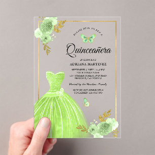 Lime Green Floral Dress Butterfly Gold Quinceanera Acrylic Invitations