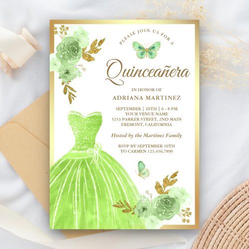 Lime Green Floral Dress Butterfly Gold Quinceanera Invitation