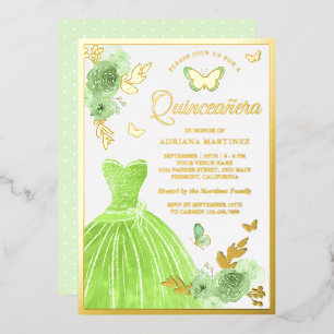 Lime Green Floral Dress Butterfly Quinceanera Gold Foil Invitation