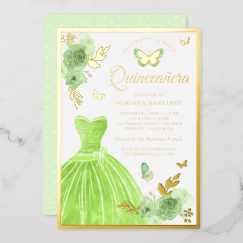 Lime Green Floral Dress Butterfly Quinceanera Gold Foil Invitation