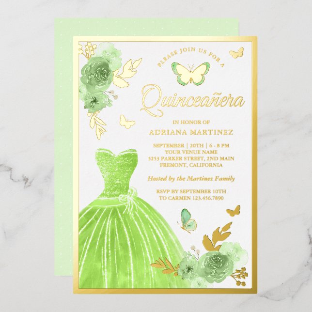 Lime Green Floral Dress Butterfly Quinceanera Gold Foil Invitation (Front/Back)