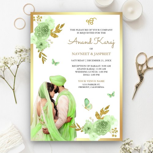 Lime Green Floral Punjabi Anand Karaj Sikh Wedding Invitation