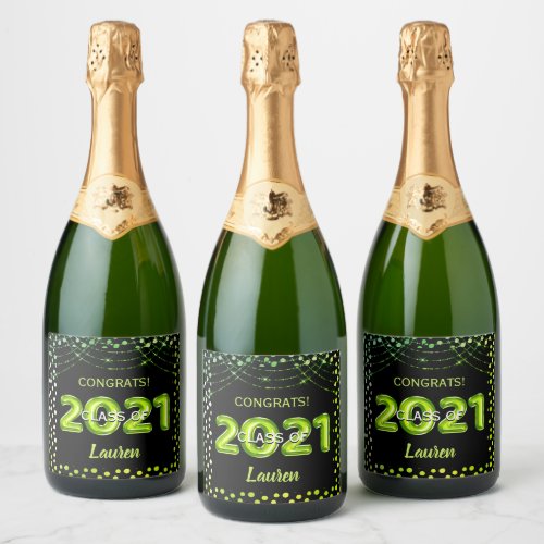 Lime Green Foil Balloon Class 2021 Graduation Sparkling Wine Label