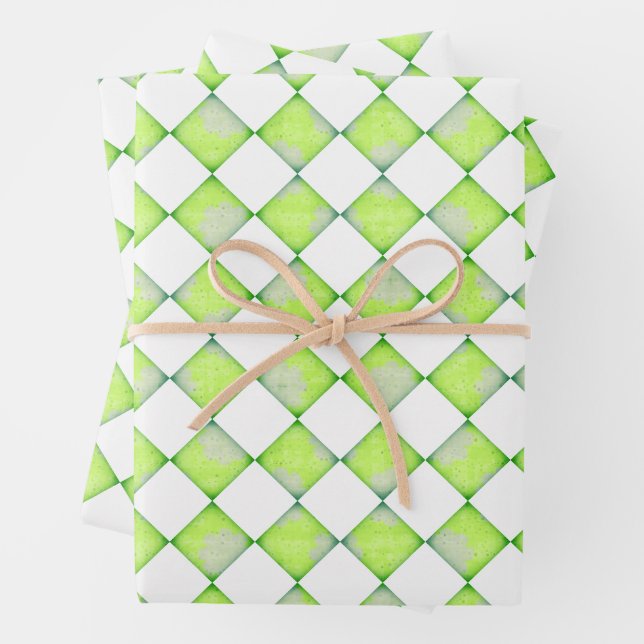 Lime Green Geometric Diamond Pattern Wrapping Paper Sheets (In situ)