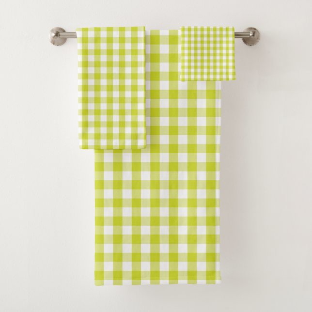 Lime Green Gingham Check Pattern Bath Towel Set (Insitu)