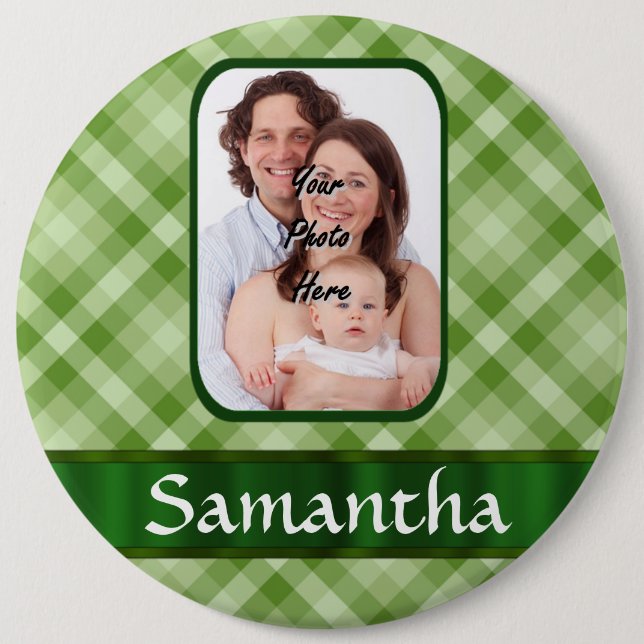 Lime green gingham pinback button (Front)