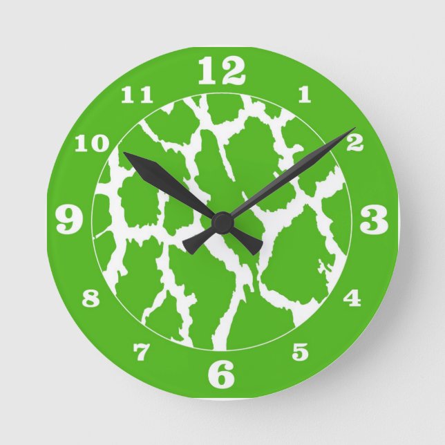 Lime Green Giraffe Animal Print Numbered Round Clock (Front)