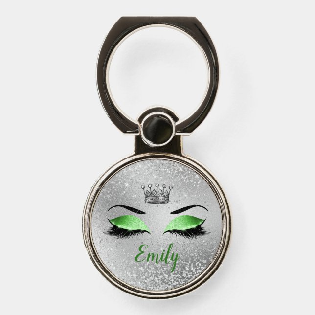Lime Green Glitter Eyes Monogram Phone Ring Stand (Front)