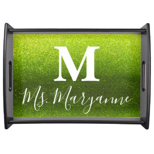 Lime Green Glitter Sparkles Custom Monogram Name Serving Tray