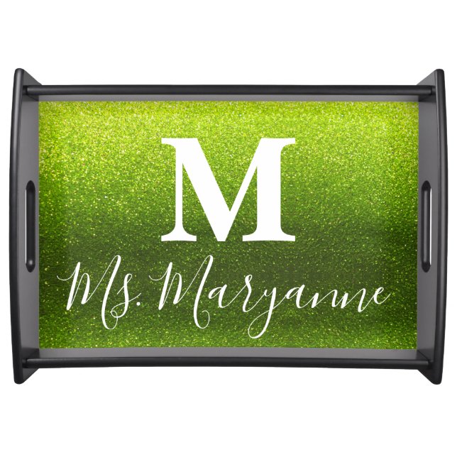 Lime Green Glitter Sparkles Custom Monogram Name Serving Tray (Front)