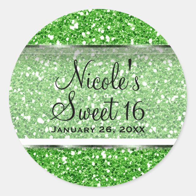 Lime Green Glitter Sweet 16 Custom Party Favor Classic Round Sticker (Front)