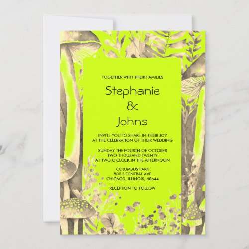 Lime Green Gold Brown Mushrooms Woodland Wedding Invitation